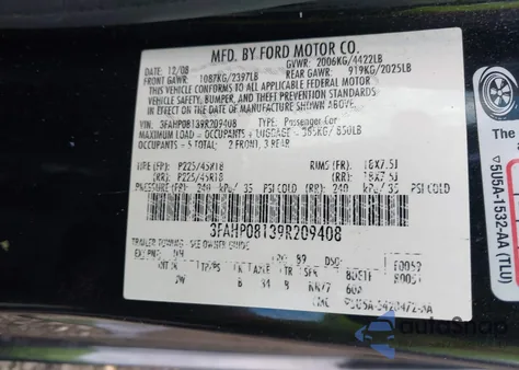 2009 Ford Fusion Sel from USA, damaged, VIN 3FAHP08139R209408